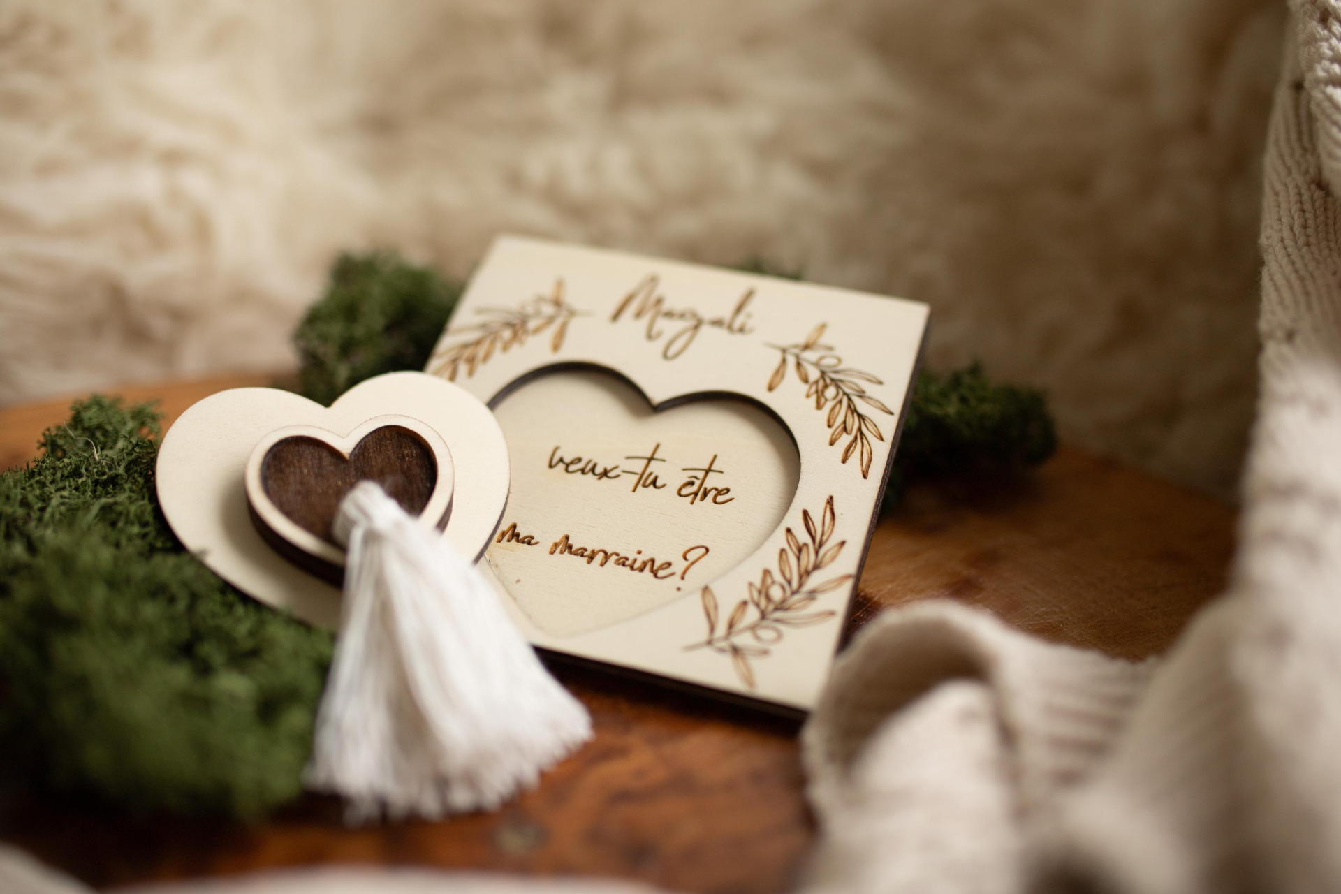 Demande parrain ou demande marraine personnalisée photo - Coeur en bois à poser 